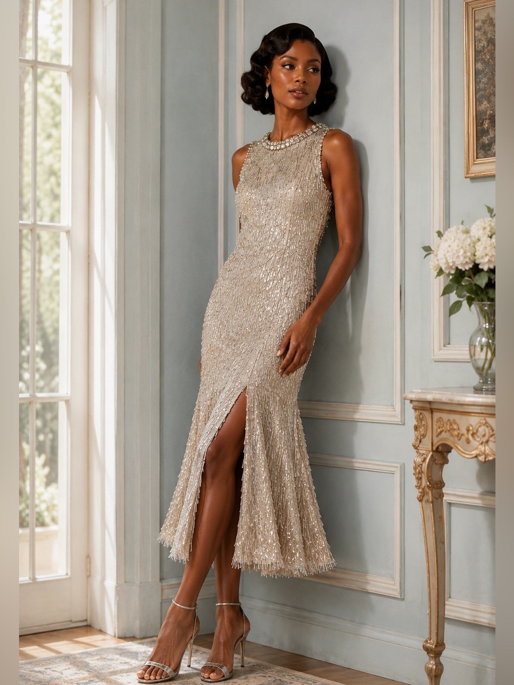 NWT Cinq à Sept Izara Embellished Beaded Midi Dress in Champagne Silver Sz 8